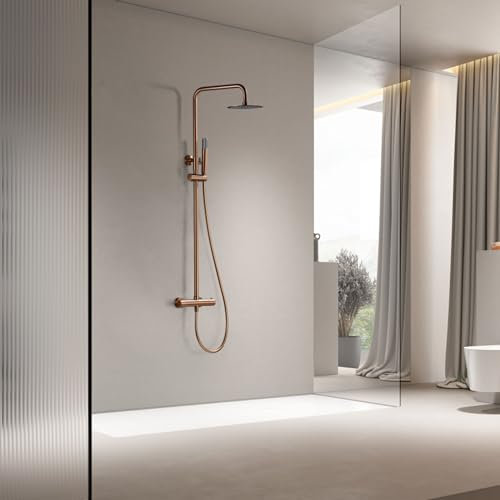 IMEX - Columna Ducha Termostatica Oro Rosa con Grifo | Conjunto de Ducha con Alcachofa y Rociador Antical Efecto Lluvia | Griferia en Latón y Acero Inox S.304 con Barra Extensible | Serie Génova