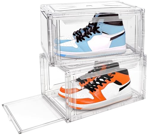 Clear Sturdy Shoe Storage Box Stackable Shoe Organizer X-Large Shoes Bin Space Saving Shoe Container Shoe Display Box with Magnetic Closure 2 Pack