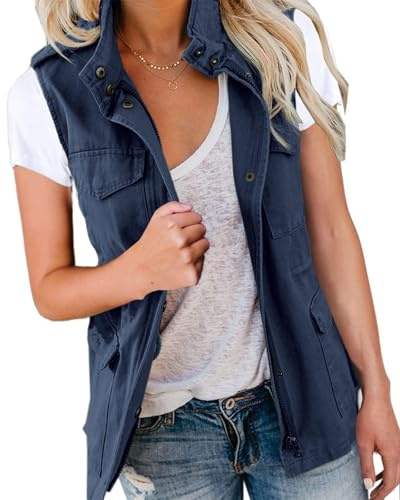 Imily Bela Chaleco cargo sin mangas para mujer, parka de entretiempo, chaqueta corta con bolsillos y cordón, chaleco de primavera y verano, ropa exterior, azul marino, L
