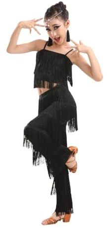 Falda Con Flecos De Baile Latino For Niñas, Top Corto + Pantalones, 2 Piezas, Ropa De Baile De Competición, Vestido De Baile De Salsa Tango Con Borlas, Disfraz De Actuación En Escenario