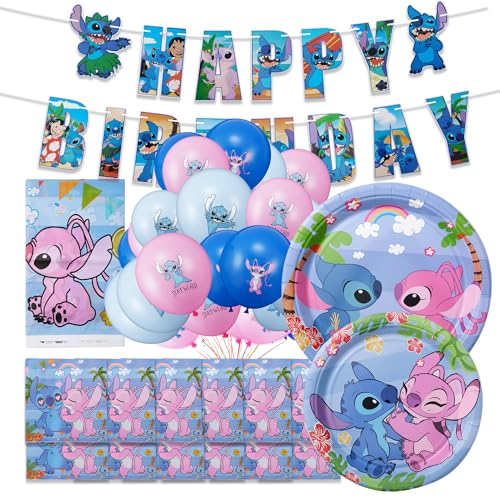 Party teller 62 pcs Geburtstag Party Geschirr, stitch Partygeschirr Set, Pappteller Kindergeburtstag mit Luftballons, stitch Luftballons Pappteller Servietten Tischdecke