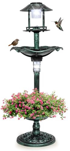GYMAX Mangeoire Oiseaux Sur Pied avec 2 Lampes Solaire, Bain d'Oiseaux, Abreuvoir avec Jardinière de Fleurs, Léger et Remplissable, Décoration pour Extérieur (Bronze)