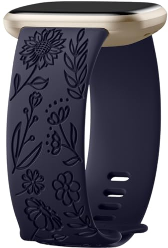 Oielai Sonnenblume Gravierte Armband Kompatibel mit Fitbit Versa 3/Fitbit Versa 4/Fitbit Sense/Fitbit Sense 2 Armband Damen, Weich Silikon Ersatzarmband für Versa 3/Versa 4/Sense 2/Sense, K Dunkelblau