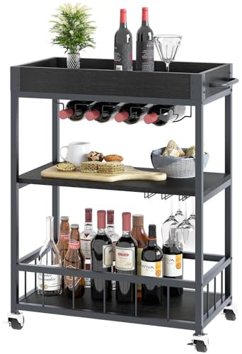 Bar Cart, 3 Tier Serving Trolley, Rolling Wine Trolley, Serving Cart with Wine Rack and Handle, Kitchen Storage Carts With Wheels, Tea Drink Trolley for Dining Living Room Bedroom Outdoor, Black