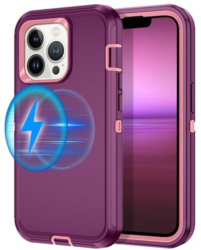I-HONVA for iPhone 12 Pro Max Case,iPhone 13 Pro Max Case [Compatible with MagSafe] Shockproof 3-Layer Full Body Protection Rugged Heavy Duty Cover for Apple iPhone 12/13 Pro Max,Purple/Pink