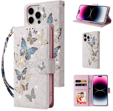 UEEBAI Wallet Case for iPhone 13 Pro Max, PU Leather Phone Case Kickstand RFID Blocking Flip Case Card Slots Wrist Strap Relief Engraved Pattern Magnetic Closure Folio Case - Blue Butterfly