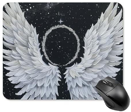 Tapis de souris carré avec base en caoutchouc antidérapant, ailes blanches et halo avec bords cousus pour souris sans fil, ordinateur portable, bureau à domicile