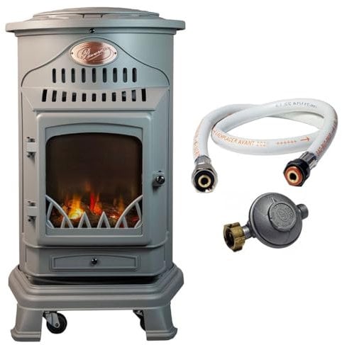 UNIVERSAL - Poêle à gaz Provence 3,4 KW Gris Souris Effet poêle à bois Fonte véritable Chauffage d'appoint + Tuyau gaz et détendeur
