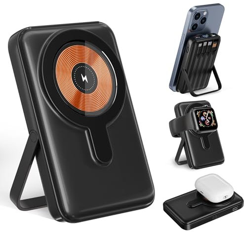 Magnetic Wireless Power Bank Fast Charging 15000mAh Foldable 22.5W Portable Charger with USB-C Input & Output Battery Pack Built in 4 Cables with LED Display for Phone