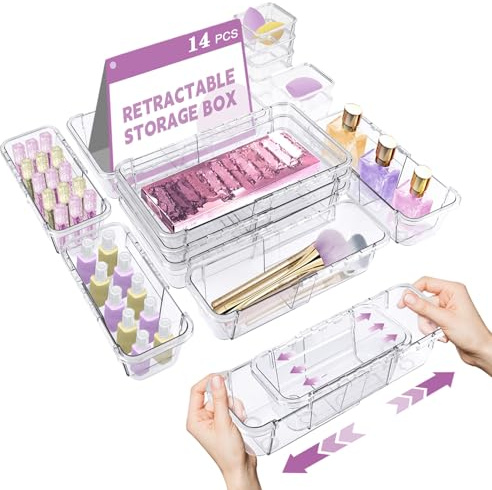 Lot de 14 organiseurs de tiroirs transparents rétractables en acrylique | Organiseur de tiroir de bureau de 3 tailles, bacs de rangement en acrylique pour maquillage, cosmétiques