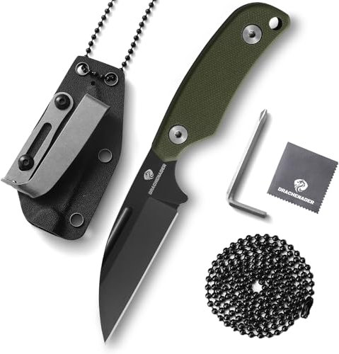 DRACHENADER Neck Knife D2 Stahl, Kleines Messer mini outdoor Messer mit Kydex-Scheide, Kugelkette, Gürtel-Clip, Blackwash-Finish Klinge und grünem G10 Griff