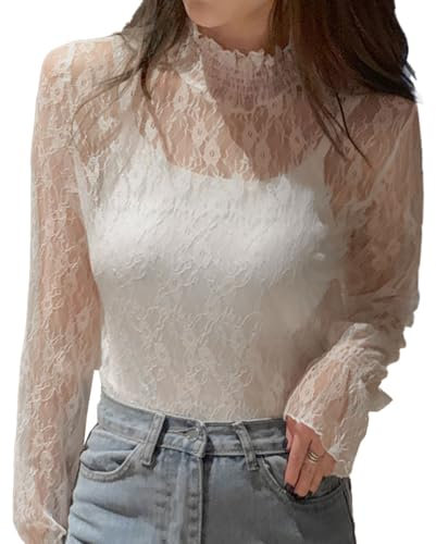 EMOTTOS Tops de Encaje Sexy de para Mujer, Camiseta de Malla con Estampado de Flores Escote Medio Alto, Elegante Festival Camiseta Rejilla Transparente para Señoras, Blanco, L