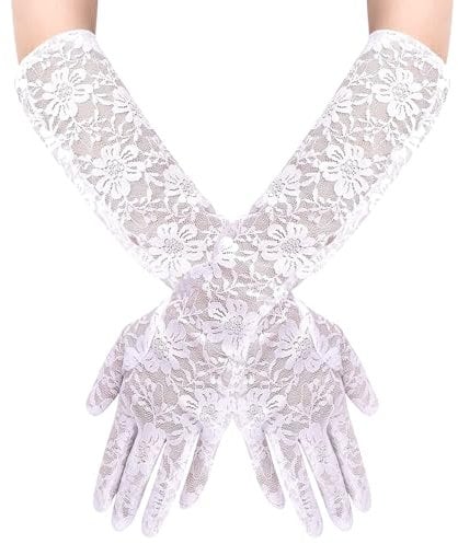 Lange Spitzenhandschuhe für Damen, ellenbogenlange Brauthandschuhe, florale Spitzenhandschuhe für Damen, lange Spitzenhandschuhe, elegante Spitzenhandschuhe für Hochzeit, Oper, Teeparty (Weiß)