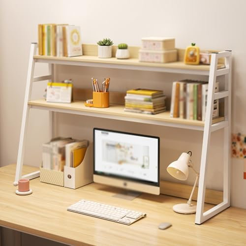 UFOOU Desk Shelf, Ladder Desktop Bookshelf, 2 Tier Computer Desktop Bookcase, Desk Organizer Shelf, Multipurpose Desktop Display Rack for Dorm Office Home(White)
