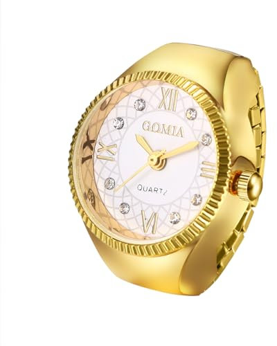 JewelryWe Fingeruhr Elastische Ringuhr Damen: Gold Analog Quarz Fingerringuhr Edelstahl Stretchband Uhr Ring Unisex mit Zugband und Römischen Ziffern Diamantskala