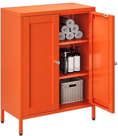 MetaCate lnov Armario de Baño Metálico,Mueble baño con 2 Puertas, Mueble Auxiliar con 2 estantes Ajustables Pare Baño,Cocina,Oficina,30 x 60 x 80 cm, Naranja