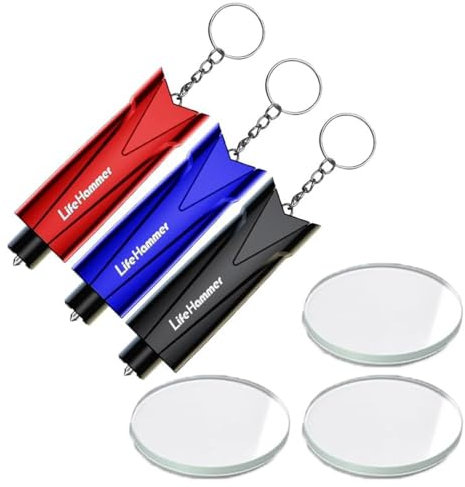 KOMUNJ Lot de 3 porte-clés brise-vitre d'urgence pour ceinture de sécurité - Outil de fuite de voiture à ressort - Disponible sous l'eau, Bleu/noir/rouge, 14*7.5*2.5CM