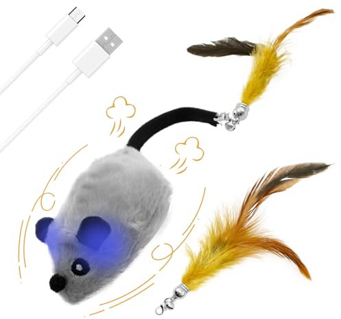 Jokapy Jouet électrique pour chat - Souris de jeu électrique - Avec clochette - Lumière LED - Queue en plumes - Bruit - Rechargeable par USB - Jouet interactif - Gris