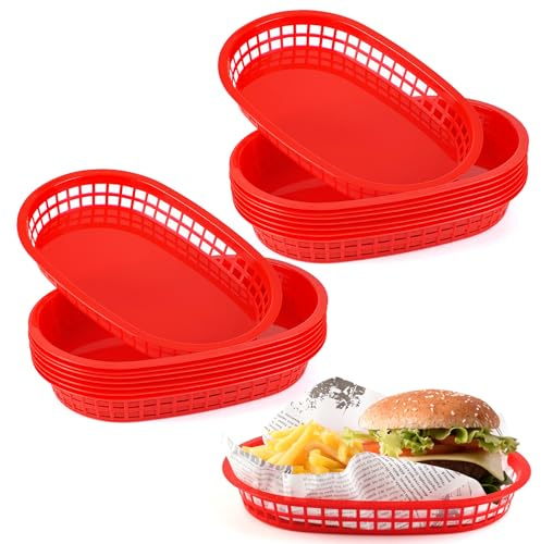 JJWNMLL 16 Stück Servierkörbchen,Wiederverwendbarer Pommes Körbchen-27*17cm | Red Ovaler Obstkorb aus Kunststoff,Lebensmittelkörbe für Burger, Sandwiches, Pommes, Grillen, Partys