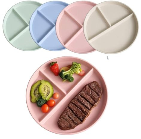 LJYING 9 Inch Divided Dinner Plates 4pcs - Reusable Unbreakable Portion Control Microwave & Dishwasher Safe, Deep Dish Design for Picnics & Diets, Lightweight (Light Colour, 4 Pack)