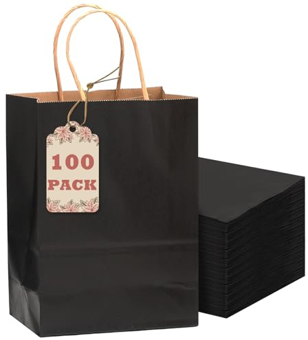Gcardist 100-Packs schwarzes Geschenk Taschen mit Griffen Bulk 8.3x6x3.15 kleine Größe Kraftpapier Taschen mehrere Verwendungen (15x8x21, kleine Größe)