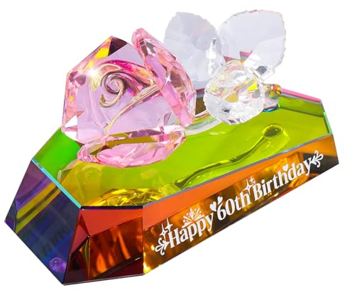Arikyrist Multicolor Crystal Rose Figurines 60th Birthday Gifts for Women, Glass 60 Years Old Birthday Presents Ideas for Mum Grandma Decorative Glass Flower Ornaments for Home Living Room Party
