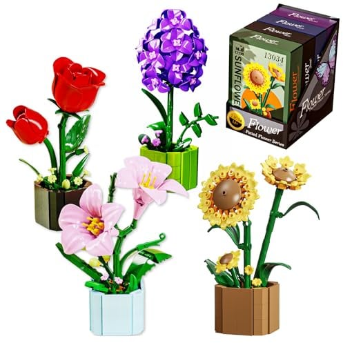 JOOZLEWELT Vier Arten 1136 pcs Sukkulenten Bonsai Baustein Set,Pflanzen Klemmbausteine Blumen,Blumen Bausteine Mädchen,Mini Flowers Botanische Deko,Room Decor Heimdekoration
