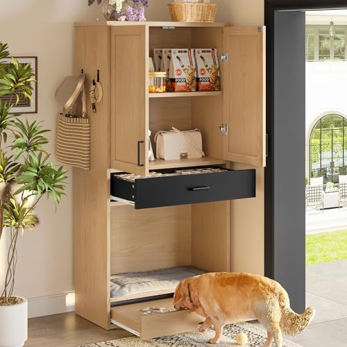 Merax Multifunktionaler Tierschrank 179x40x160 cm, Futterstation mit Napf, Hundebett & Haken, Viel Stauraum für Flur, Küche oder Wohnzimmer, Mehrzweckschrank für Haustiere und mehr, Holzfarbe
