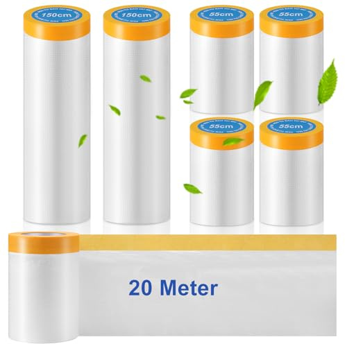 6 Rollen Abdeckfolie mit Klebeband, Abklebeband mit Folie, Abdeckfolie Klebeband mit Folie, Abklebefolie für Möbelschutz Bodenschutz Wandanstriche Auto Folie -4 Rollen 55 cmx20m+2 Rollen150cmx20m