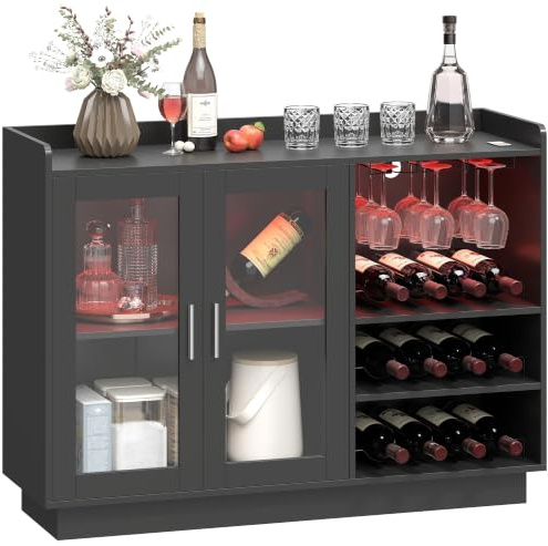 HOMCOM Mueble de Bar con Luces LED RGB y Botellero 12 Botellas Negro | Armario Buffet para Vinos, Aparador de Cocina, Estante Ajustable, Puertas de Cierre Suave, Comedor, Salón