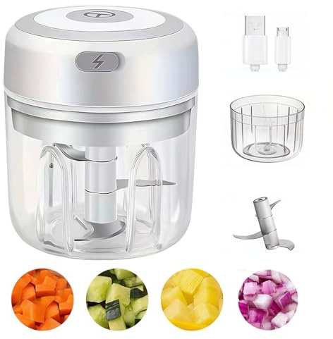 Electric Mini Food Chopper USB Rechargeable, Portable Cordless Garlic & Vegetable Chopper 250ML, Small Food Processor with 3 Stainless Steel Blades for Onion, Nuts, Baby Food & Meal Prep (White)