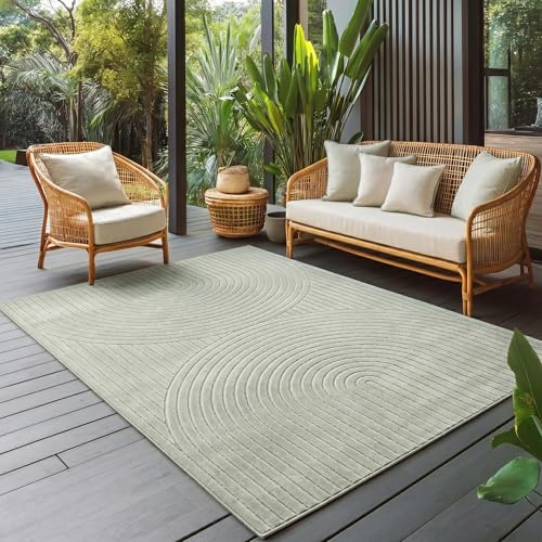 Carpettex Kurzflor Teppich 200x290 cm Grün Wohnzimmer, Schlafzimmer, Küche, 3D Hoch-Tief-Effekt, Skandinavisch Boho Motiv, für Outdoor Bereich geeignet
