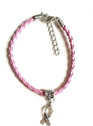 STRASS & PAILLETTES Bracelet Octobre Rose Lutte Contre Le Cancer en Simili Cuir Rose et Ruban argenté HOPE