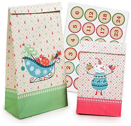 Adventskalender zum Befüllen Christmas 24 beschichtete Papiertüten Geschenktüten Weihnachten, Weihnachtskalender Bastelset inkl. Adventszahlen Aufkleber von pajoma