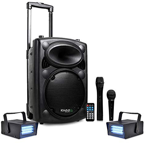 Enceinte Active DJ IBIZA PORT10VHF-BT Karaoké Mobile 500W USB/MP3 + 2 Mini strobes Lytor Sono DJ PA Fete Soiree