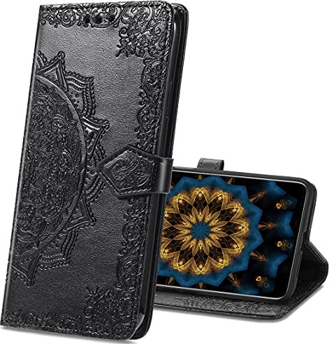 MRSTER Flip Case for iPhone 5S PU Leather Wallet Closure Embossed Shockproof Cover with Kickstand Card Slots Holder for Apple iPhone 5 / 5S / SE. SD Mandala Black