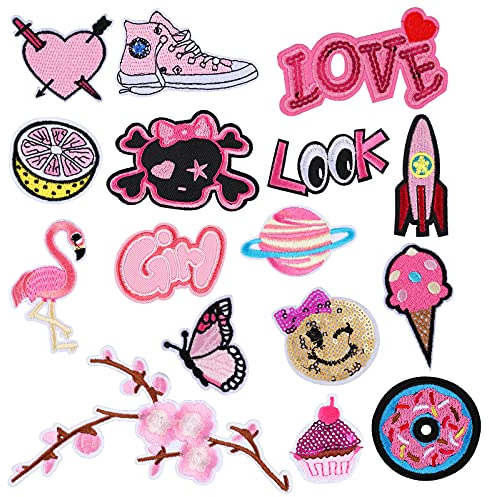 VETPW 16 Stück Rosa Thema Patches Flicken zum Aufbügeln, Gemischt Patch Sticker Bestickt Aufnäher Applikationen Zum Nähen Oder Aufbügeln für Kleidung Rucksäcke Jacken Jeans Hüte, Repariere das Loch