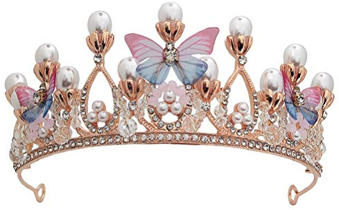 Lurrose Schmetterlings-Tiara für Mädchen, Prinzessinnenkronen, Perlenkristall-Tiara für Weihnachten, Geburtstag, Kostümparty