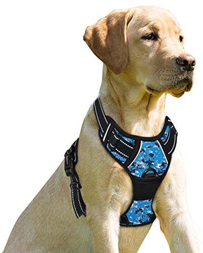 BARKBAY No Pull Dog Harness Front Clip Heavy Duty Reflective Easy Control Handle for Large Dog Walking(Blue camo,L) | Soft Padded No Choke With Handle,Easy On&Off,Adjustable Reflective For Walking Training Running(Blue Camo,L)