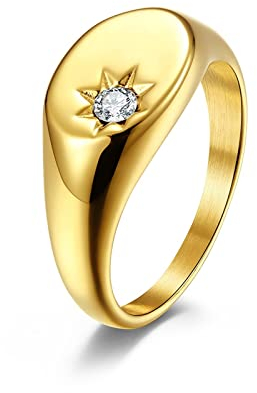 Mesnt Goldring Damen, Ring Zeigefinger Damen, Ovale Sonnenmuster-Einlage Mit Siegelring Aus Zirkonia Ring aus Edelstahl Gold Größe 54 (17.2)