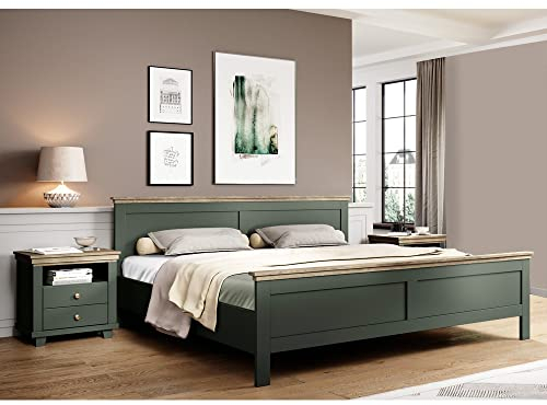 Lomadox Landhaus Doppelbett Bettgestell Liegefläche 180 x 200 cm 2 Nachttische Nachtschränke grün Eiche