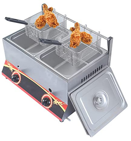 Friteuse à gaz avec paniers et couvercles, Grande capacité 11L/22L gaz/friteuse, poignée Ergonomique au Toucher Froid, revêtement antiadhésif en Acier Inoxydable, Nettoyage Facile