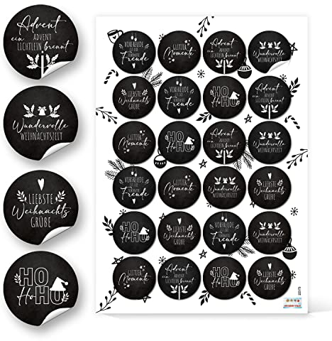 Logbuch-Verlag 24 Weihnachtsaufkleber schwarz weiß Sticker Weihnachten Weihnachtsgrüße Geschenke Verpackung Ø 4 cm rund