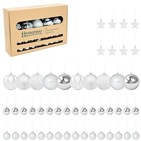 The Christmas Workshop Set of 50 Shatterproof Textured Baubles/Elegant Festive Designs/Christmas Tree Decorations with Hanging String/Various Sizes and Styles (Silver)