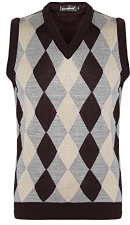 New Men Sleeveless Knitted V-Neck Argyle Pattern Jumper Top Sweater Vest with Ribbed Edge UK Size S M L XL[Brown Ston,L ]