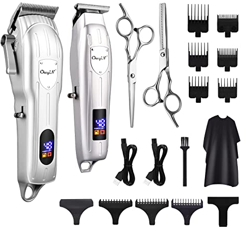 CkeyiN Haarschneidemaschine Profi Herren, Haarschneider Herren & Barttrimmer, USB Aufladen,Kabelloser Professioneller Friseur Haarschneider Set mit LED Display Haartrimmer Kit,Silber