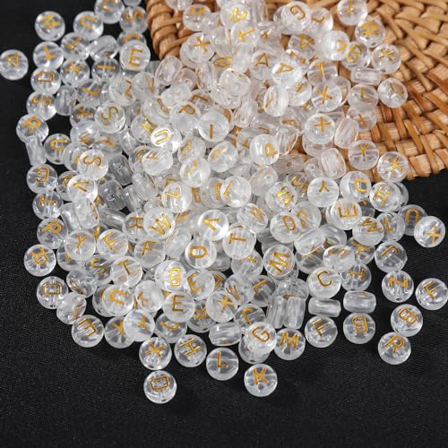 HERZWILD Letter Beads - Approx. 1000 Pieces, 4 x 7 mm Round Craft Beads in Transparent Black & Gold
