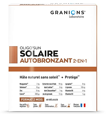 GRANIONS Bronzage, Autobronzant gelule 2-EN-1, Complément alimentaire accelerateur bronzage sans soleil, Protège, Formule Enrichie en Pigments Naturels, Format 2 mois 60 Gélules, Made in France