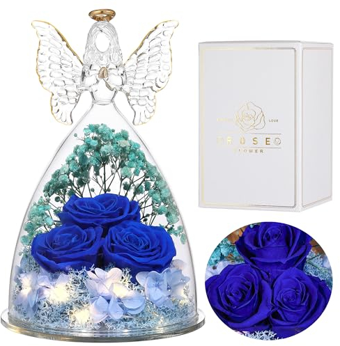 Eaprala Tre Rose Eterna in Vetro Figurine Angelo, Regalo Compleanno per Donne, Regalo Angelo per Lei in Occasione Dell'anniversario, Natale, San Valentino, Festa Della Mamma.Blu Scuro