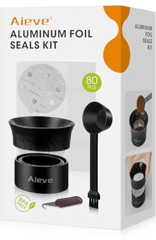 Aieve 80 tapas de papel de aluminio con soporte para cápsulas, cuchara, herramienta de extracción para cápsulas Nespresso Vertuo, tapas de aluminio compatibles con cápsulas Nespresso Vertuo, cápsulas